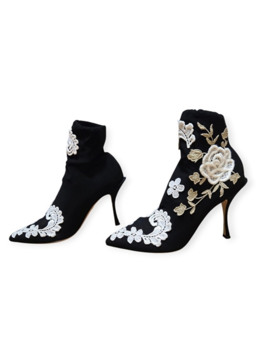 Dolce & Gabbana‎ Floral Embroidered Black White Gold Ankle Booties EU 38 / US 8